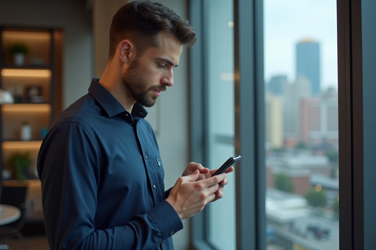 Jeune homme regardant son smartphone près d