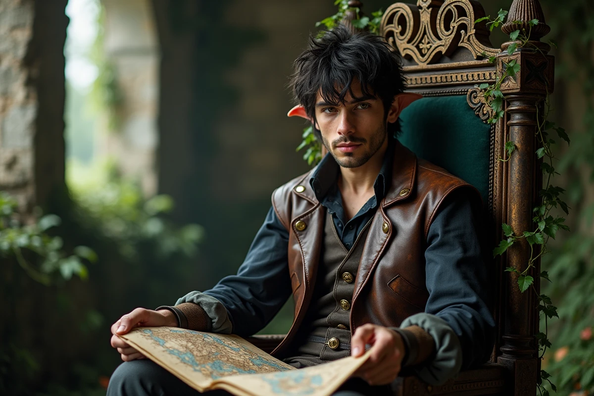 Jeune homme assis sur un trône en ruine dans la salle ancienne