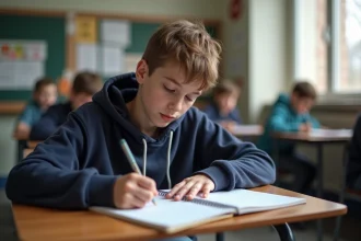 Jeune garçon au lycée écrit en classe avec concentration