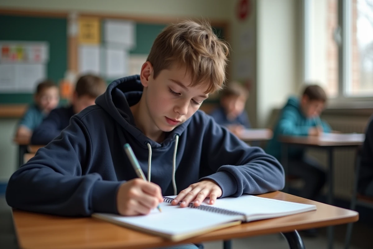 Jeune garçon au lycée écrit en classe avec concentration