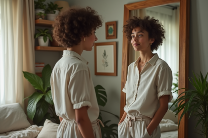 Jeune adulte nonbinaire regardant son reflet dans un miroir cozy