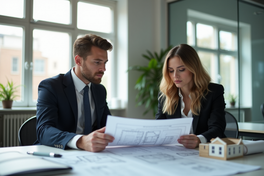 Jeune professionnel et femme étudiant des plans immobiliers
