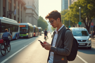 Jeune professionnel compare options de transport en ville