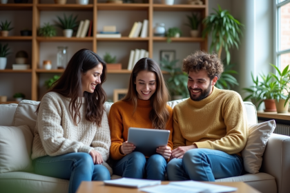 Jeunes adultes riant en regardant un plan d'appartement sur une tablette