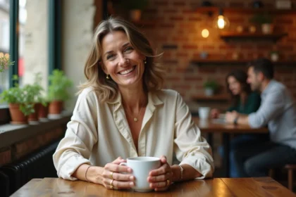 Johanna Giglia souriante dans un café parisien, partageant un moment de confidence autour d'un café