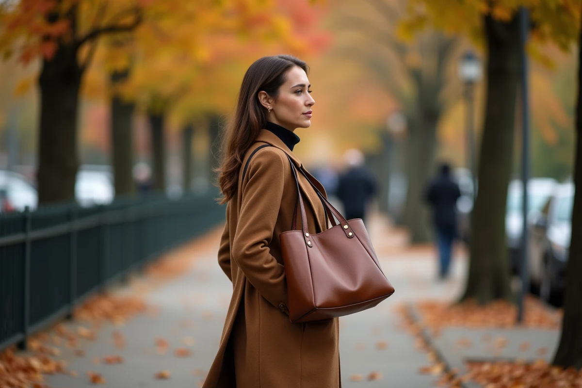 Johanna Giglia en promenade automnale en ville, regard introspectif évoquant sa vie de couple et ses choix personnels