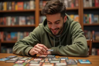 Joueur adulte examinant des cartes Pokémon JCC sur une table en bois dans un café de jeux de société