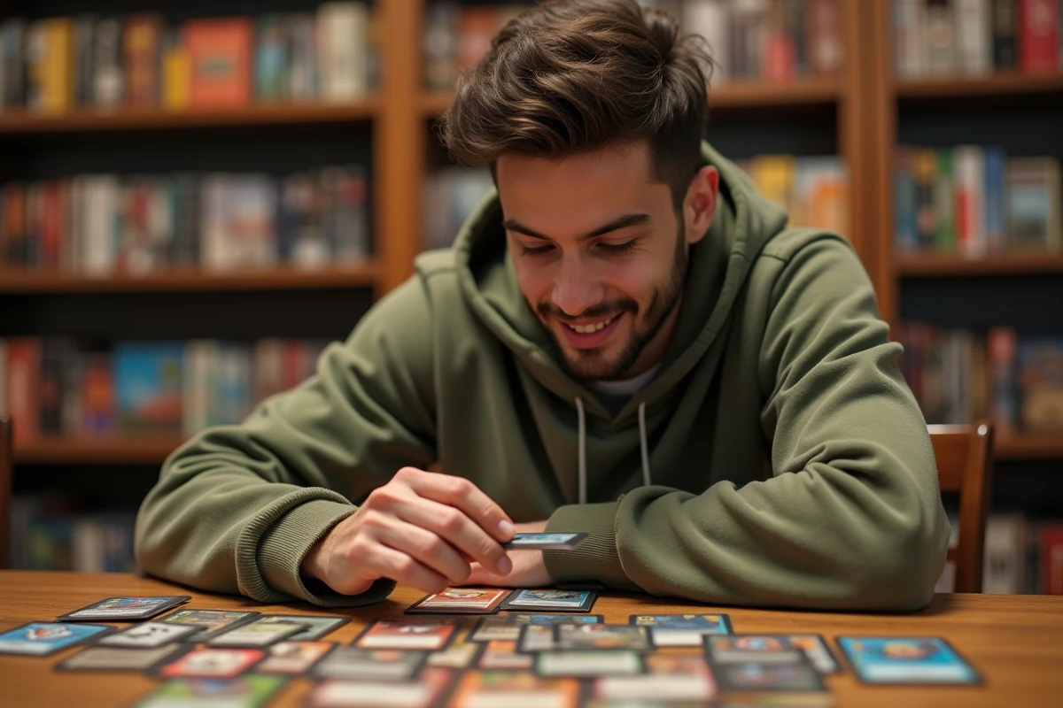 Joueur adulte examinant des cartes Pokémon JCC sur une table en bois dans un café de jeux de société