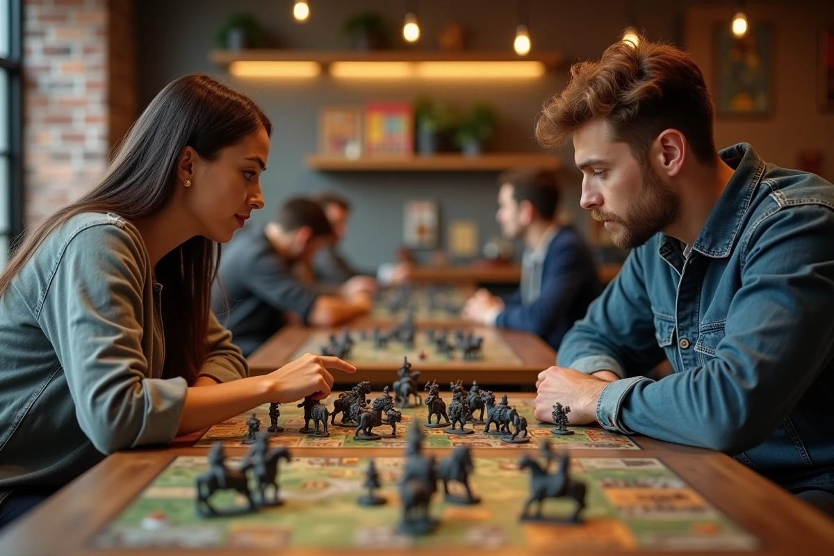 Deux joueurs adultes s'affrontant autour d'un jeu de stratégie de guerre dans un café de jeux de société