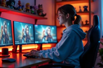 Jeune femme jouant aux Sims 4 sur un PC gaming avec des mods installés, assise dans un bureau gamer moderne