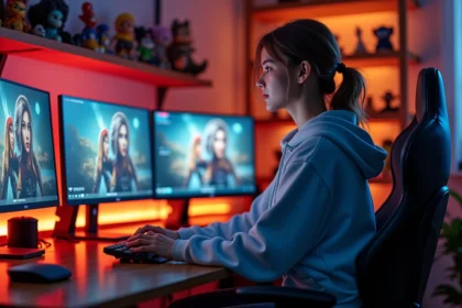 Jeune femme jouant aux Sims 4 sur un PC gaming avec des mods installés, assise dans un bureau gamer moderne