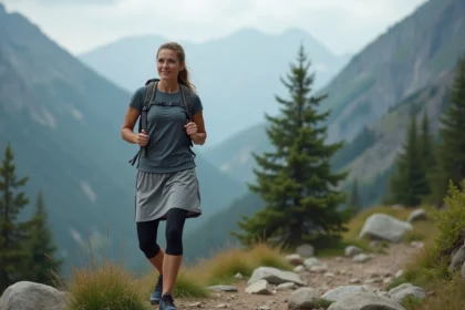 Femme portant une jupe de randonnée technique avec couche intégrée sur un sentier alpin, illustrant les variantes de jupes de sport outdoor comme la Solar Skirt