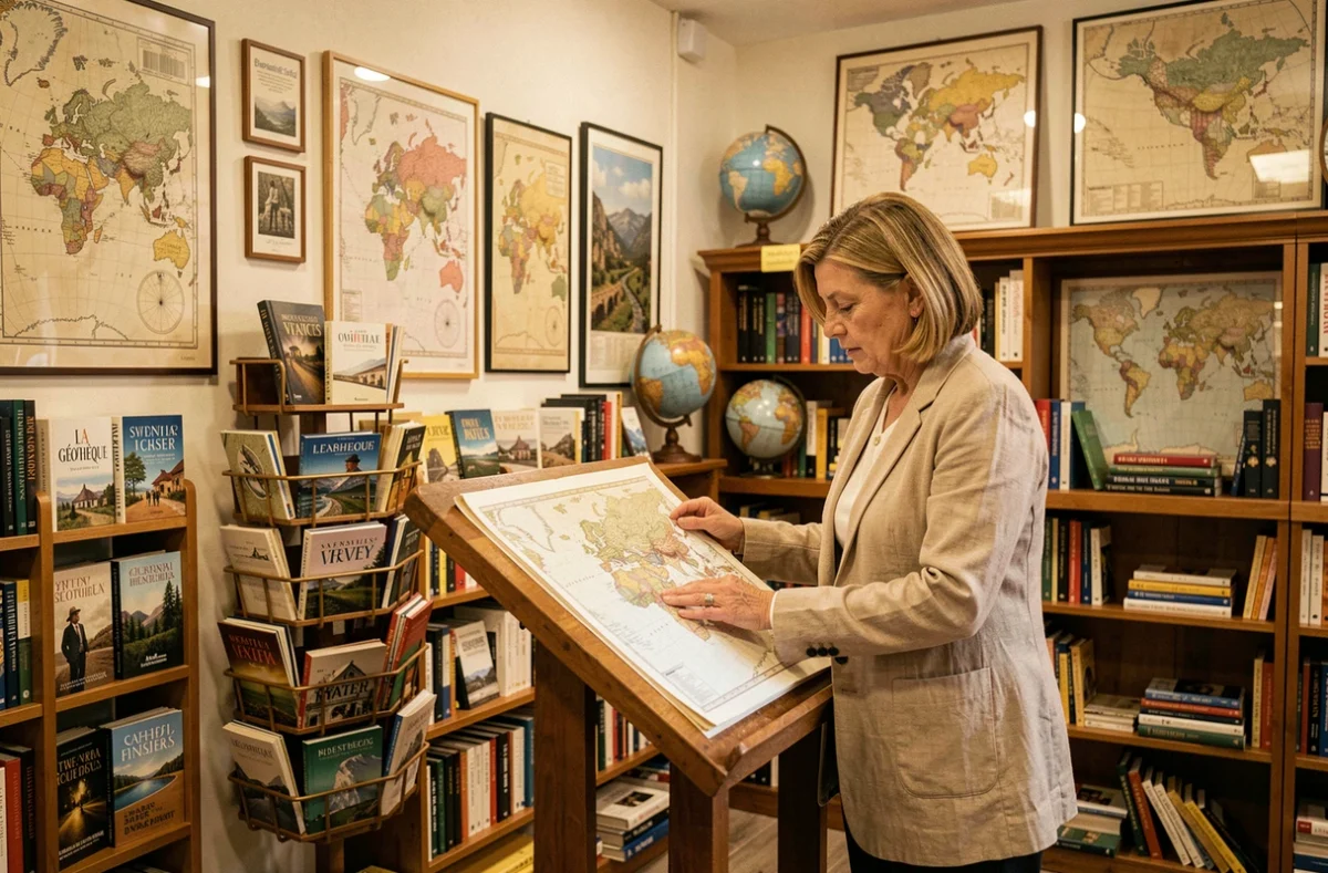 Intérieur de La Géothèque à Nantes avec des cartes anciennes aux murs, des globes terrestres et une cliente consultant un grand atlas sur un lutrin
