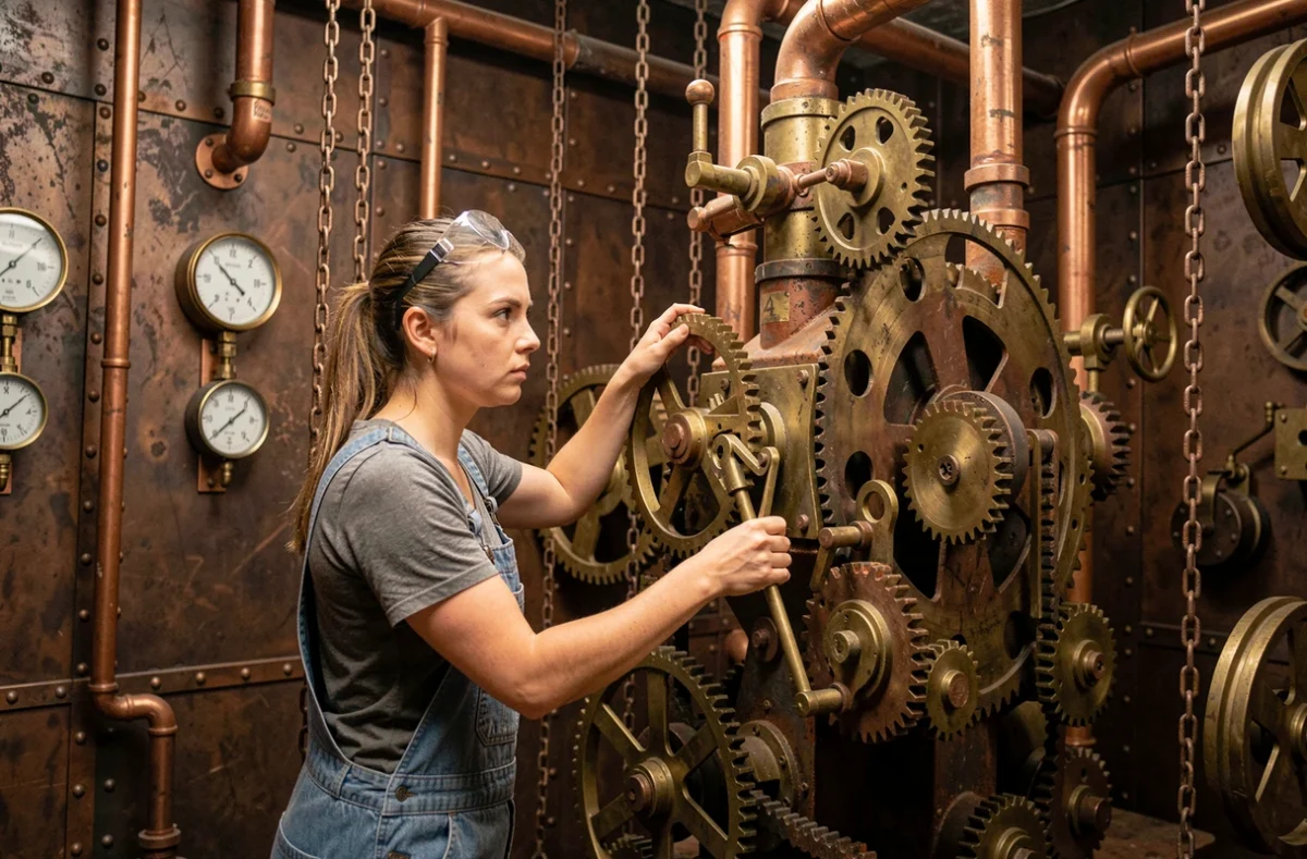 Joueuse manipulant des mécanismes steampunk complexes dans la salle d'escape game La Machinerie à Plombières-les-Bains