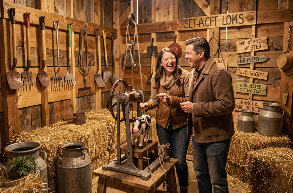 Couple riant devant un dispositif mécanique farfelu dans l'escape game L'Amour Vache à Granges-Aumontzey dans les Vosges