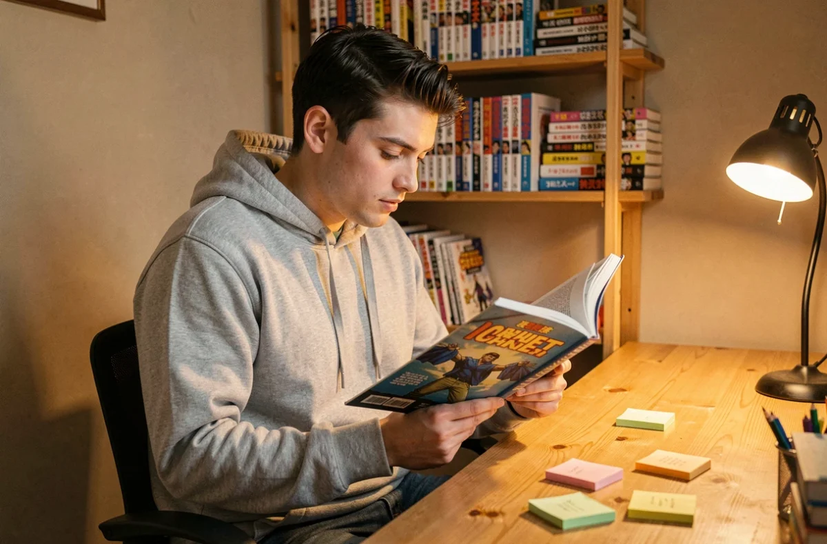 Jeune homme adulte lisant un manhwa coréen à son bureau entouré de livres et manga empilés, ambiance lecteur passionné