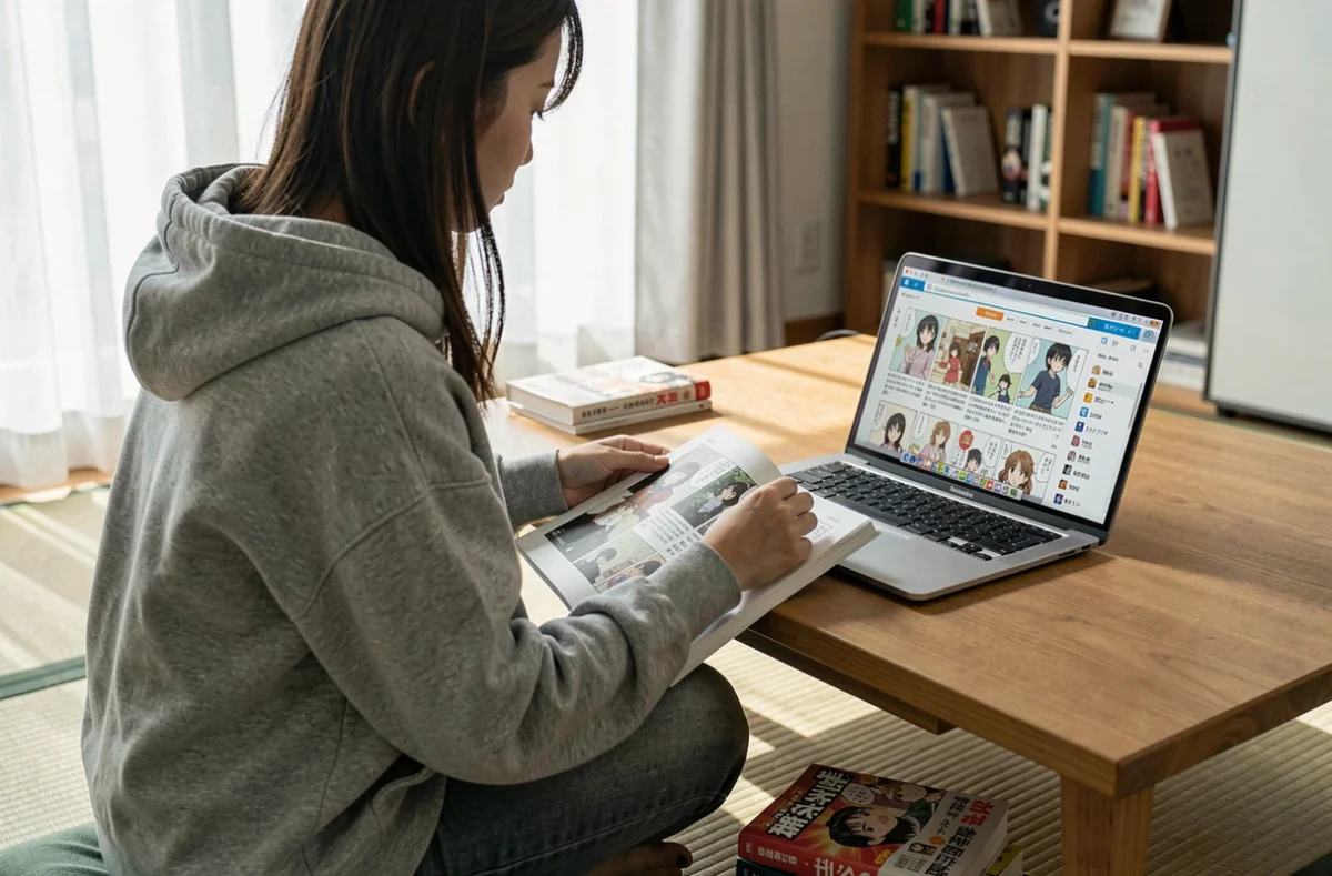 Jeune femme lisant des scans de manga en français sur un site comme Sushi Scans ou Mangadex, assise dans un appartement minimaliste avec des volumes de manga empilés à côté d'elle