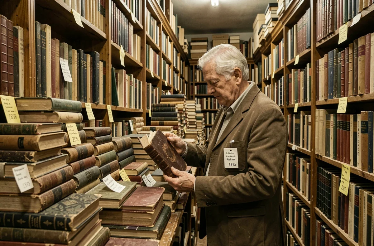 Intérieur de la librairie ancienne Richard à Nantes avec des piles de livres d'occasion, des étagères poussiéreuses du sol au plafond et un libraire examinant un vieux volume relié