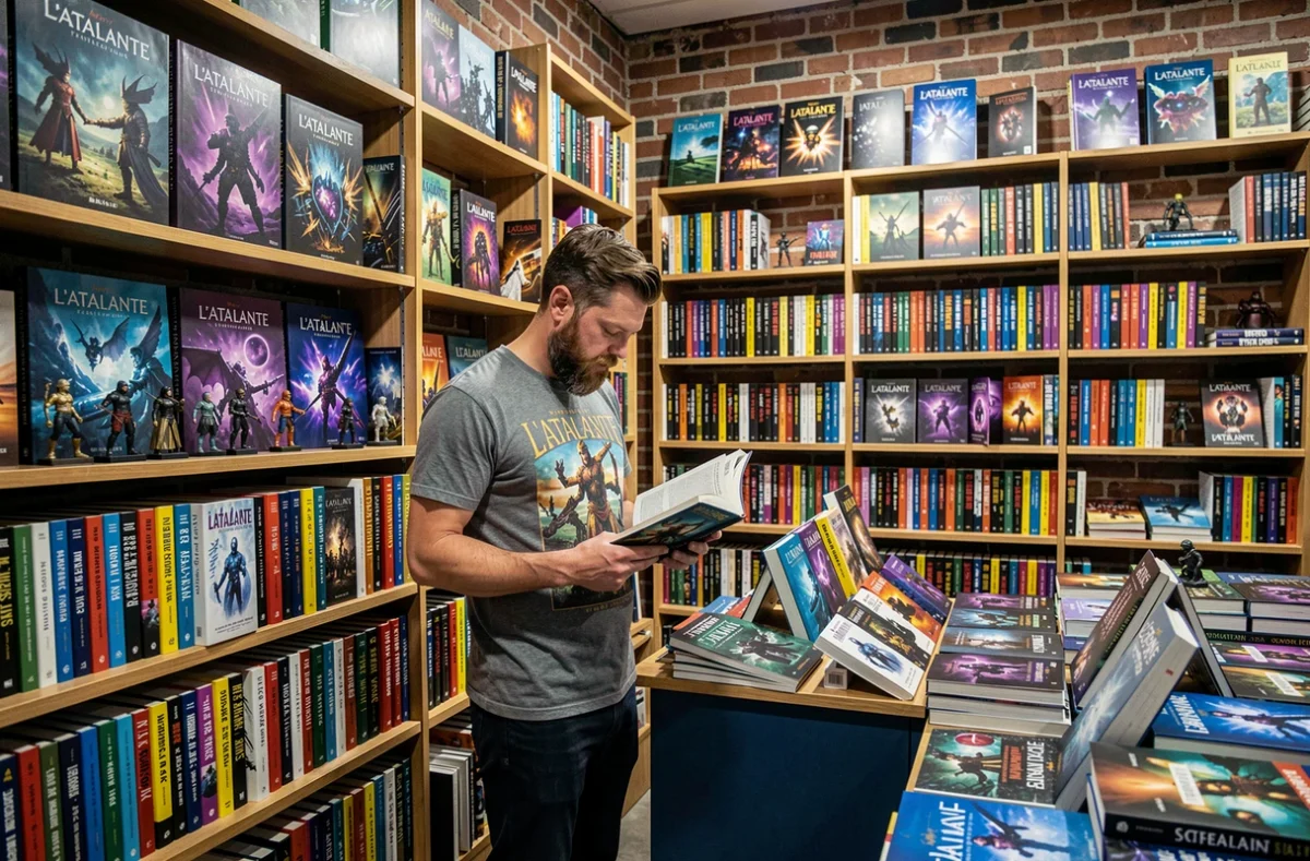 Intérieur de la librairie L'Atalante à Nantes spécialisée en science-fiction et fantasy, avec des présentoirs colorés de livres illustrés et un client feuilletant un roman fantastique
