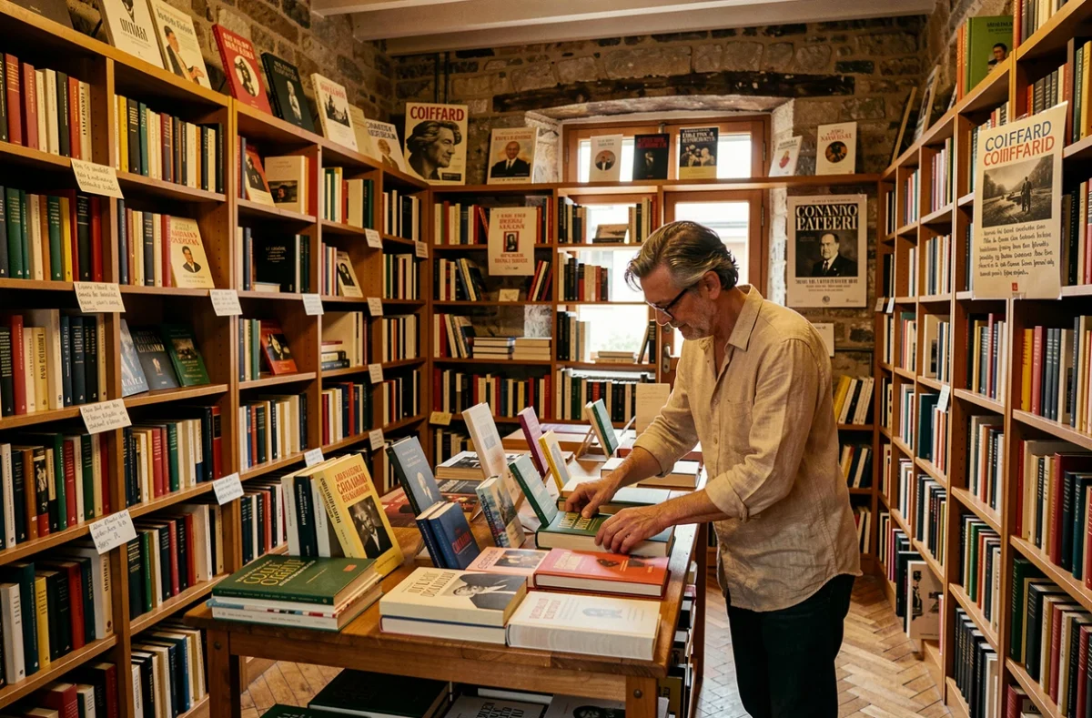 Intérieur de la librairie Coiffard à Nantes avec ses grandes étagères en bois chargées de livres et un libraire arrangeant des ouvrages sur une table de présentation