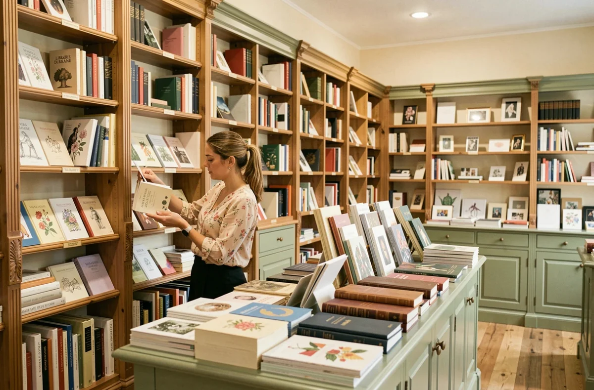 Intérieur raffiné de la librairie Durance à Nantes avec des étagères en bois ancien, des livres illustrés et des articles de papeterie artisanale disposés sur une table centrale