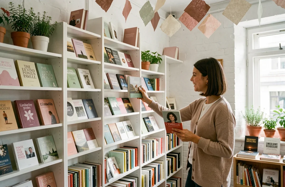 Intérieur lumineux de la librairie L'Embellie à Nantes avec des rayonnages soignés de poésie et de littérature indépendante, et une libraire mettant en valeur un nouveau titre