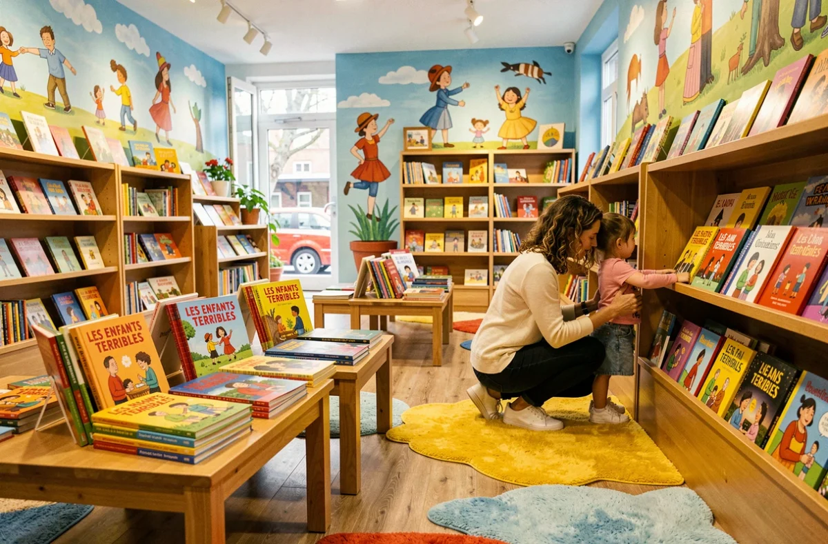 Intérieur de la librairie Les Enfants Terribles à Nantes avec des albums jeunesse colorés, des fresques murales illustrées et une libraire aidant une fillette à choisir un livre