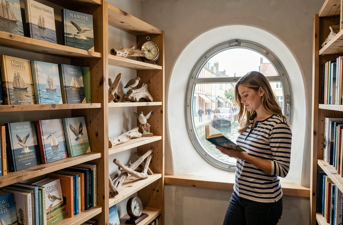 Intérieur de la librairie L'Oiseau Tempête à Nantes avec des livres sur la mer et la nature, des objets marins décoratifs et une cliente lisant près d'une fenêtre donnant sur un canal