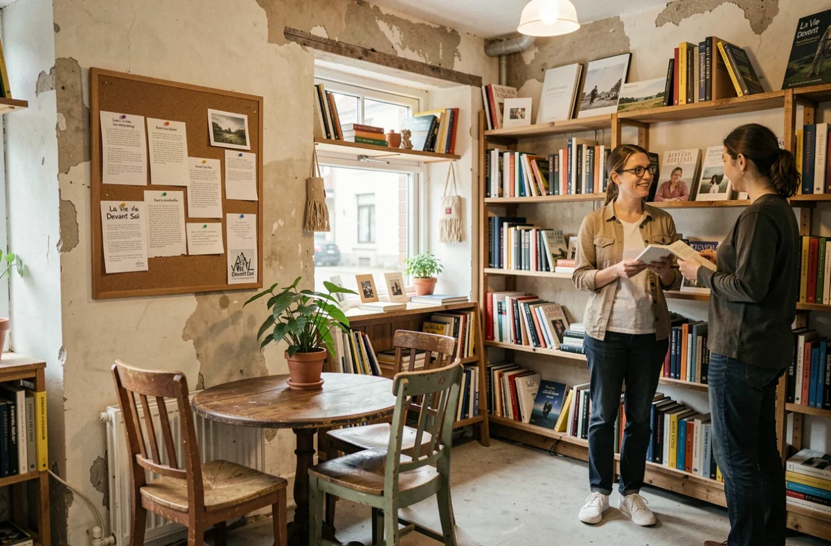 Intérieur chaleureux de la librairie La Vie Devant Soi à Nantes avec des étagères en bois brut, une libraire bavardant avec un client et une ambiance de quartier conviviale