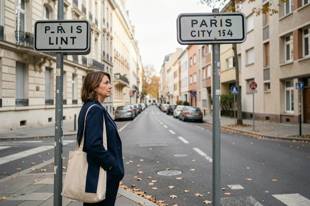 Femme observant la limite administrative de Paris intra-muros avec la banlieue, illustrant la frontière géographique de la métropole
