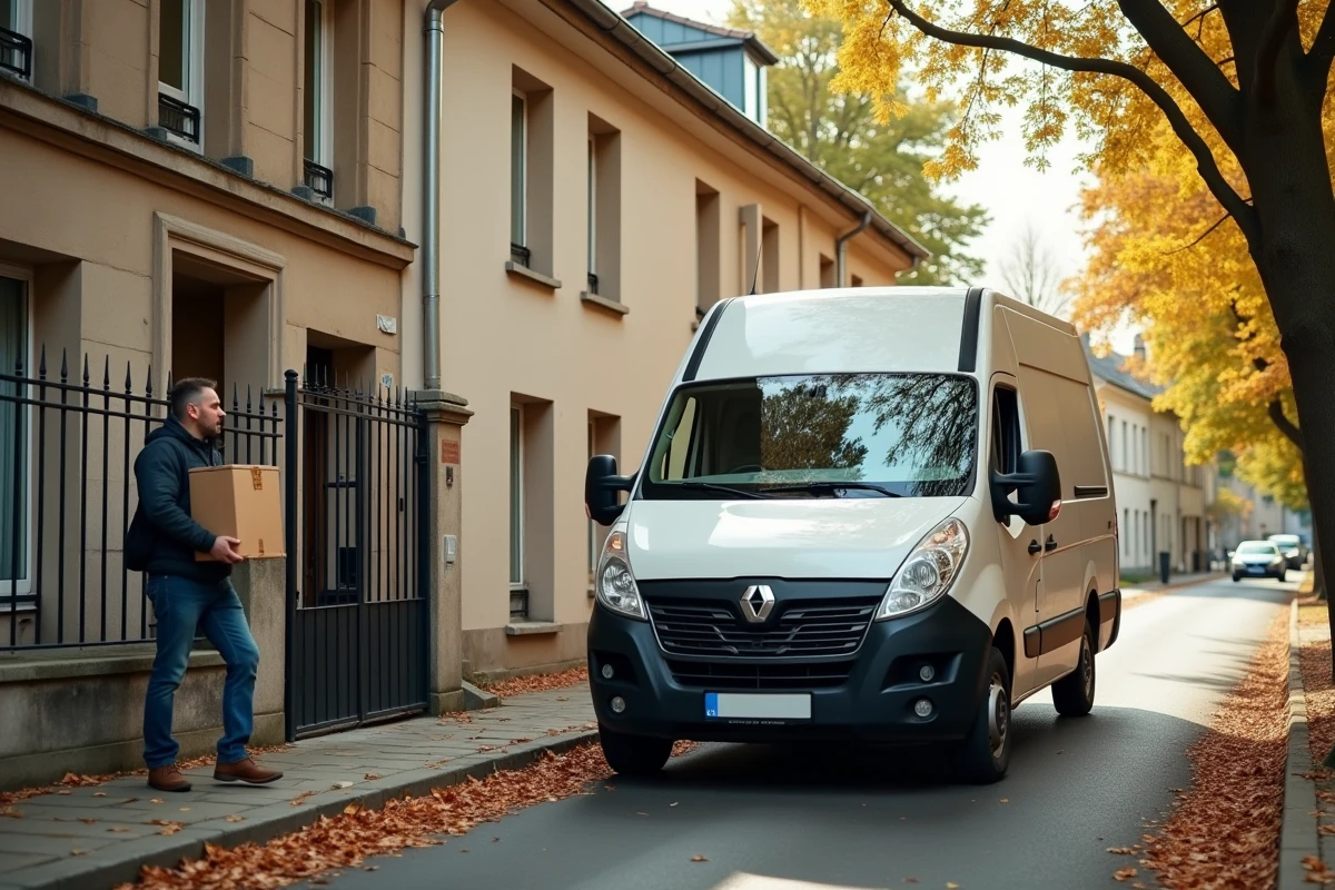 Livreur GLS déposant un colis devant une maison résidentielle en France