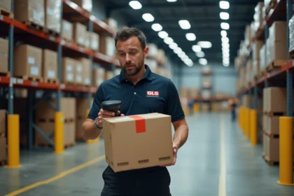 Livreur GLS scannant un colis sur le quai d'un entrepôt logistique