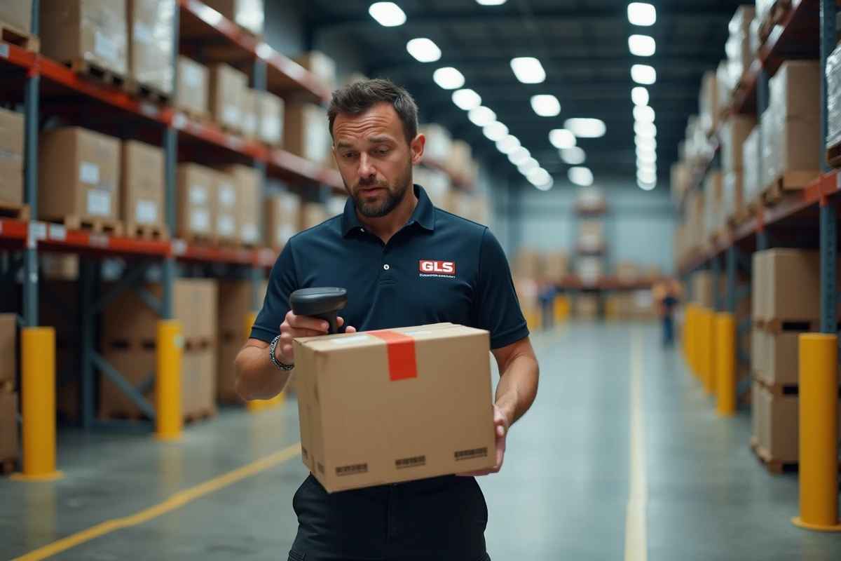 Livreur GLS scannant un colis sur le quai d'un entrepôt logistique