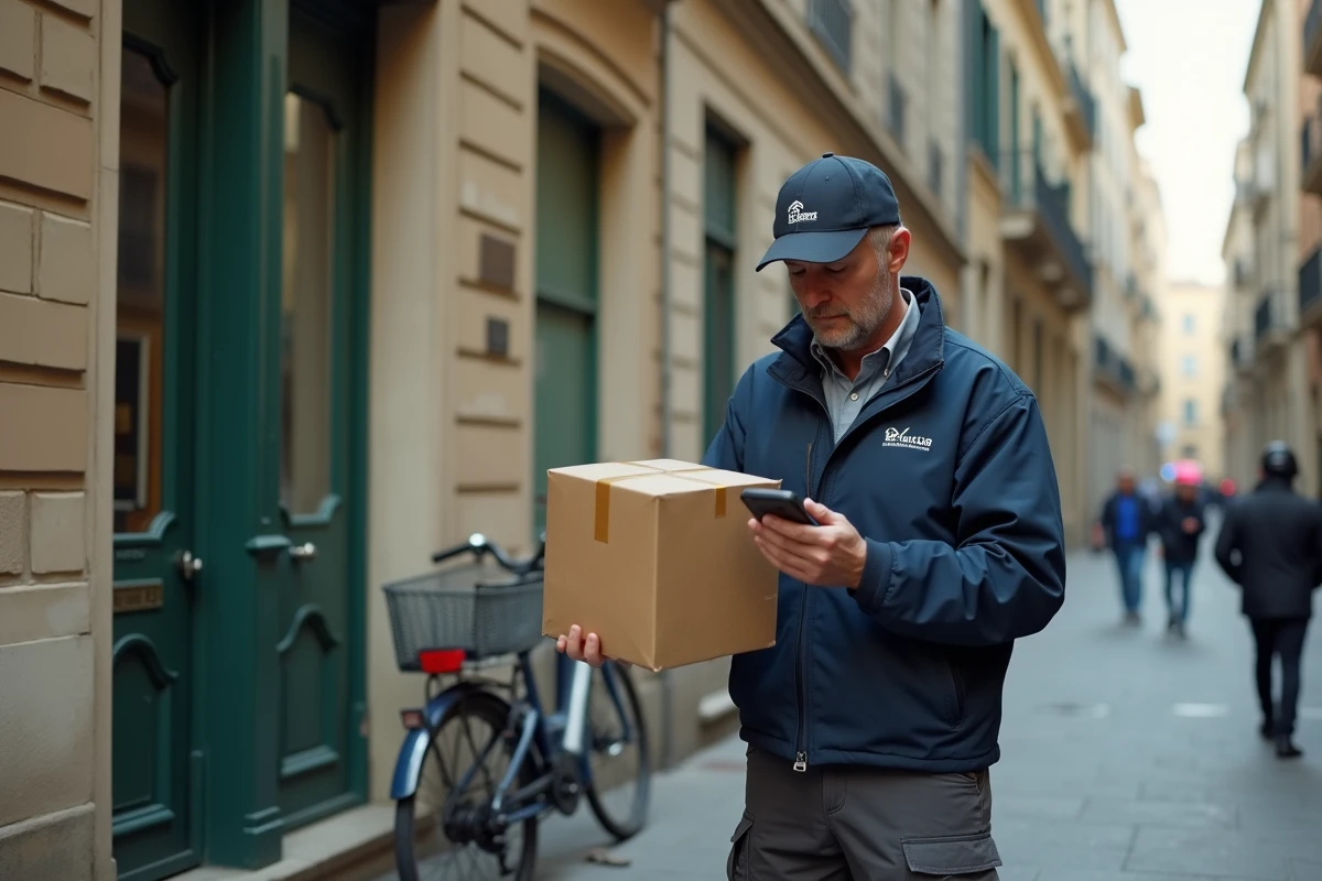 Livreur en uniforme scannant un colis devant un immeuble parisien