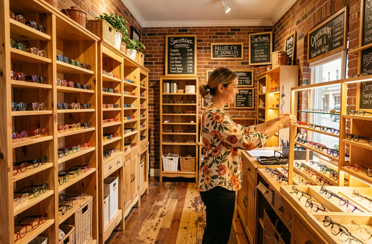 Intérieur chaleureux et coloré de La Lunetterie Du Coin avec ses présentoirs de montures et sa commerçante souriante