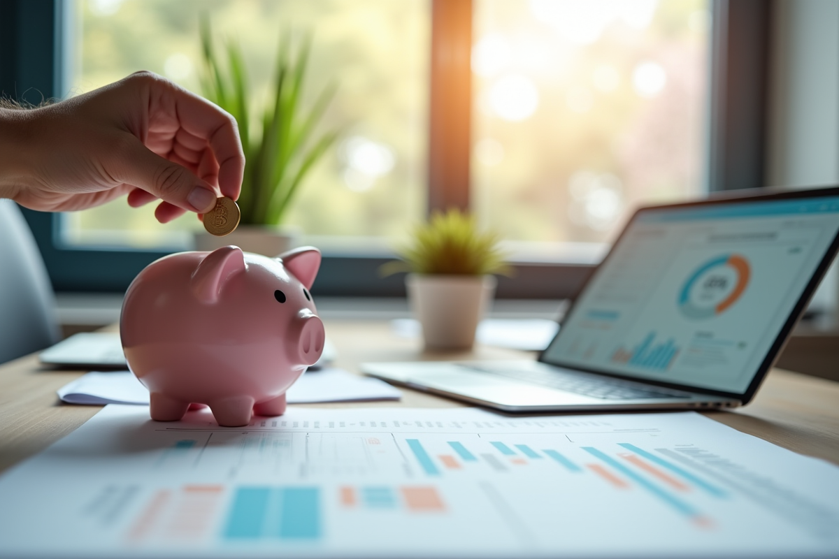 Main déposant une pièce dans une tirelire sur un bureau moderne