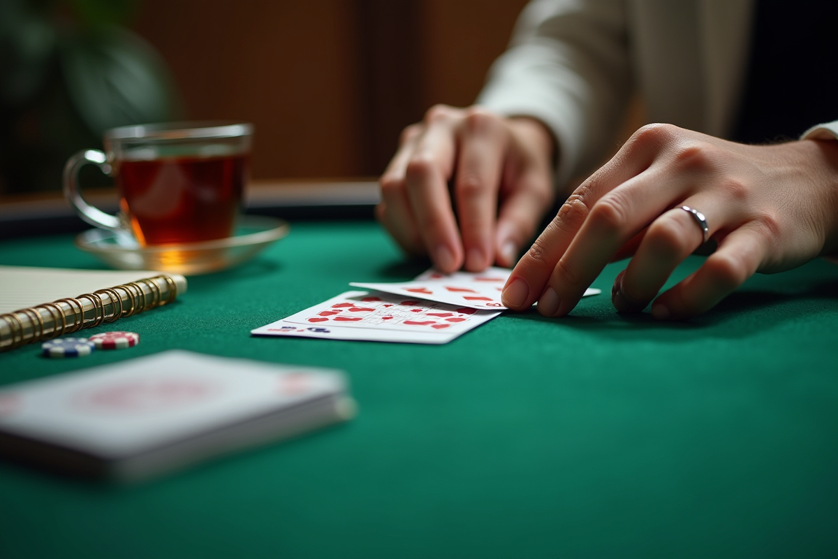 Mains disposant des cartes de rummy sur un tapis vert avec score et thé