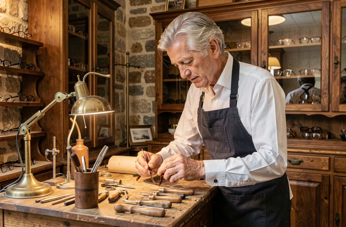 Artisan opticien façonnant des montures à la main dans l'atelier raffiné de la Maison Perceval
