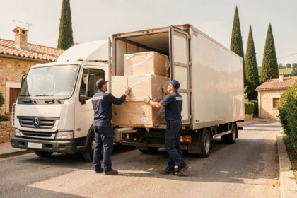 Équipe de déménageurs professionnels chargeant un camion dans une rue du sud de la France, illustration du classement des meilleures entreprises de déménagement dans l'Aude