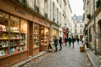 Vue d'une rue de Nantes bordée de librairies indépendantes aux vitrines colorées, avec des passants qui flânent devant les étalages de livres