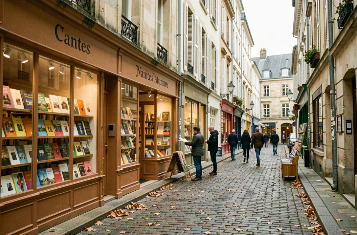 Vue d'une rue de Nantes bordée de librairies indépendantes aux vitrines colorées, avec des passants qui flânent devant les étalages de livres