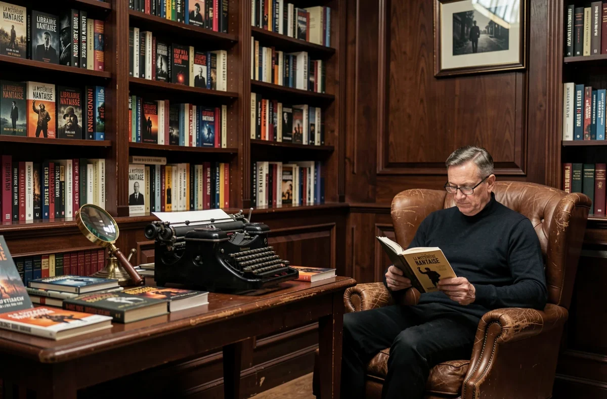 Intérieur sombre et feutré de La Mystérieuse Librairie Nantaise avec des rayonnages de romans policiers, des accessoires vintage et un client lisant dans un fauteuil en cuir