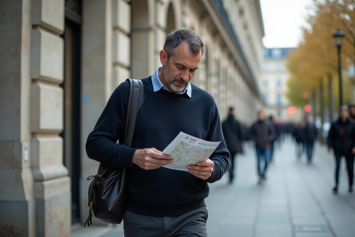Nouvel arrivant à Lyon consultant un guide administratif devant un bâtiment institutionnel du quartier