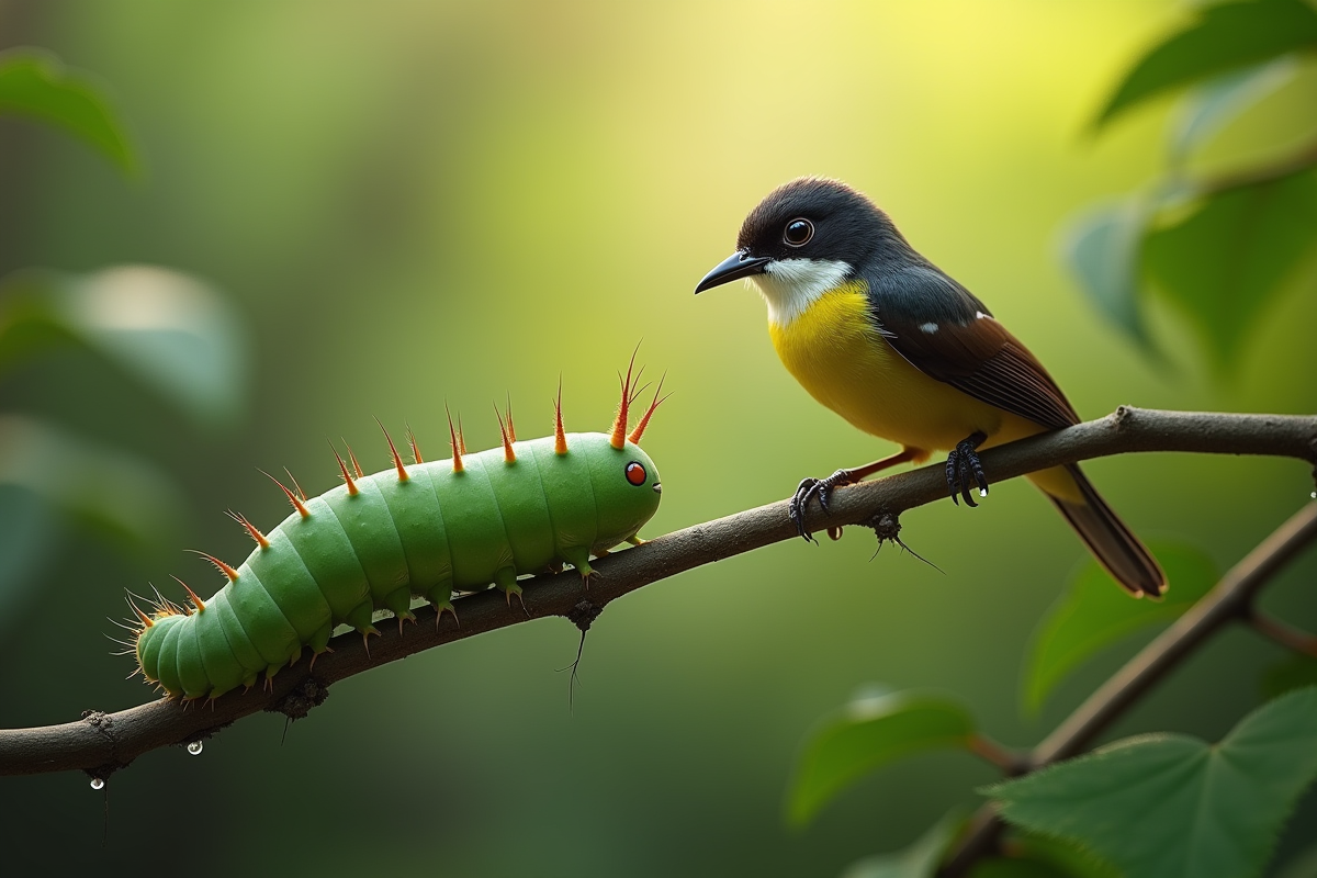 Oiseau observant une chenille verte dans la forêt