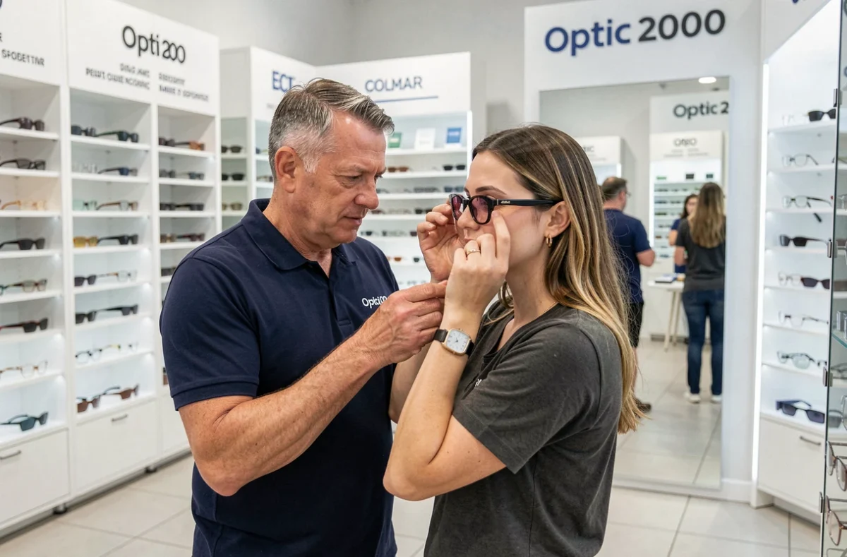 Vendeur aidant une cliente à essayer des lunettes chez Optic 2000 à Colmar