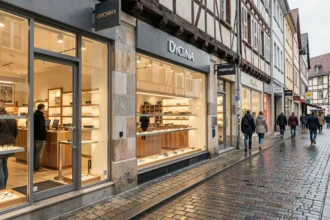 Vue d'une rue commerçante du Grand Est avec des boutiques d'opticiens aux vitrines élégantes et des passants