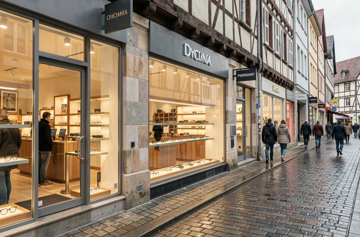 Vue d'une rue commerçante du Grand Est avec des boutiques d'opticiens aux vitrines élégantes et des passants