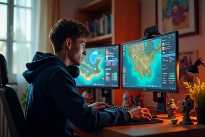 Joueur passionné optimisant son XP dans un MMORPG fantasy sur un double écran avec interface de progression visible