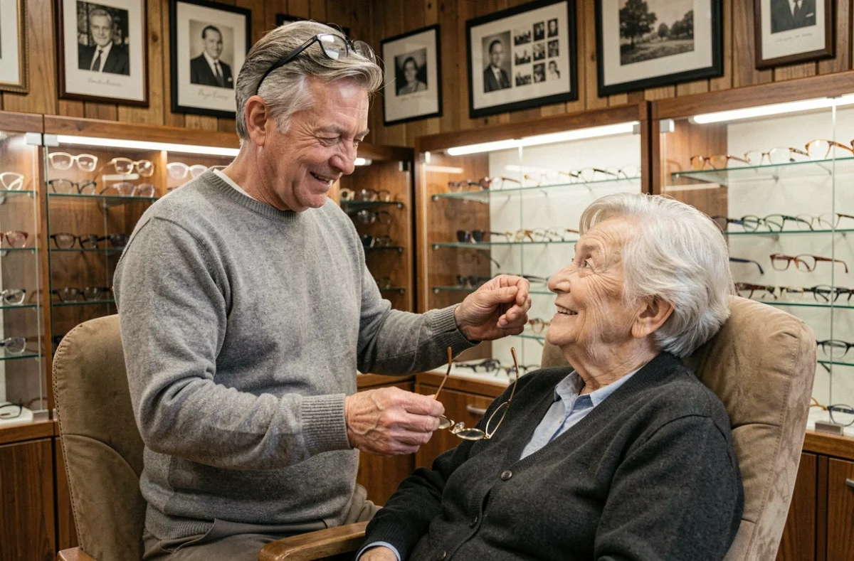 Opticien conseil avec une cliente âgée dans le cadre familial et chaleureux d'Optique Michel