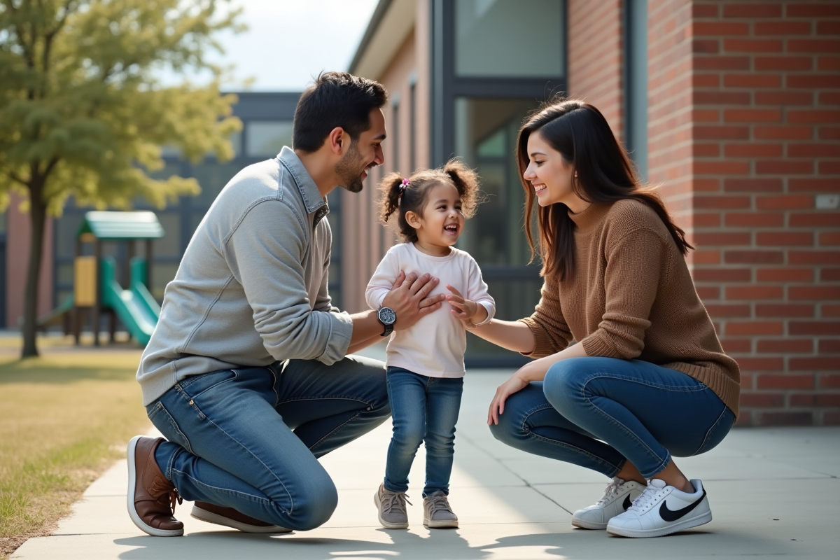 Parents accueillant leur fille à la sortie de l